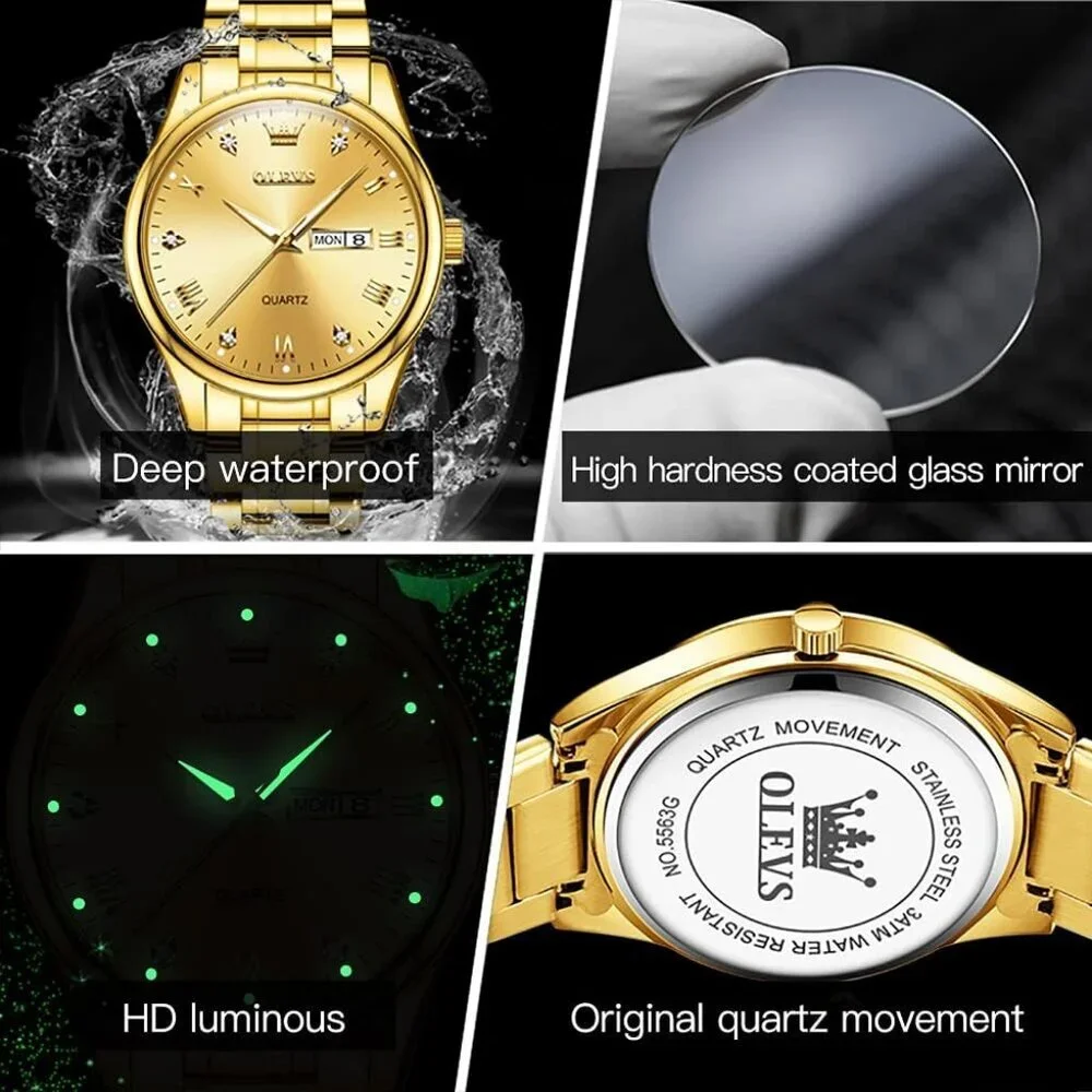 Olevs Men's Gold Steel Stainless Waterproof Stainless Luminous Stylish Watch